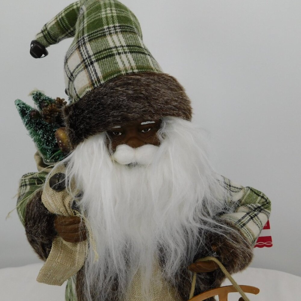African American Black Santa Figure Ashland Holiday Pines Green Brown Woodland - Picture 5 of 10